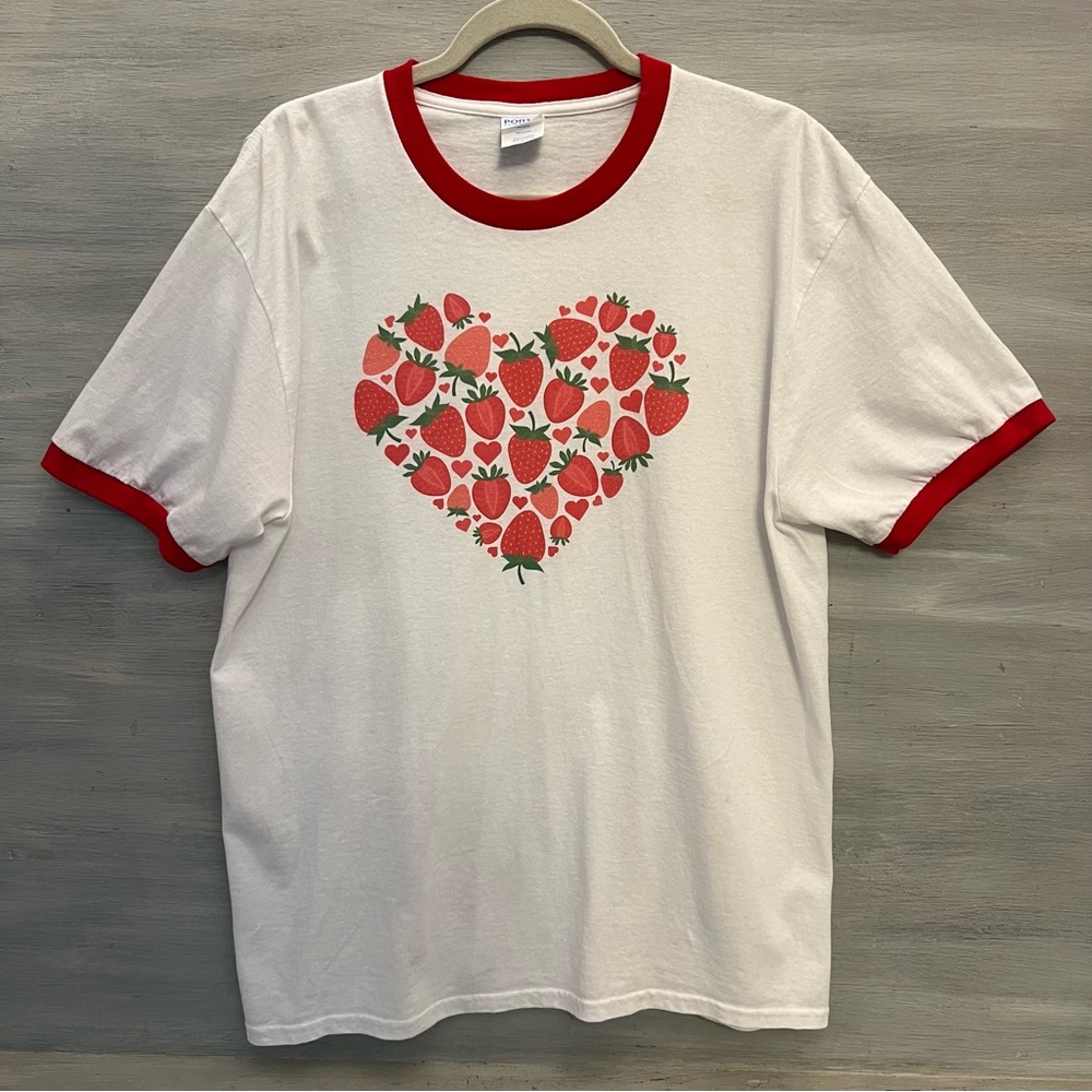 Port & Company Core Cotton White Ringer Strawberry Heart Graphic Tshirt Large GC